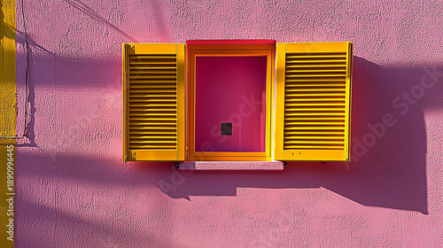 Bright Yellow Window on a Pink Wall with Shadows - Vibrant and Colorful Architectural Detail