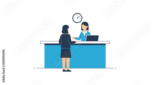 Two businesswomen interact at a reception desk with a clock on the wall