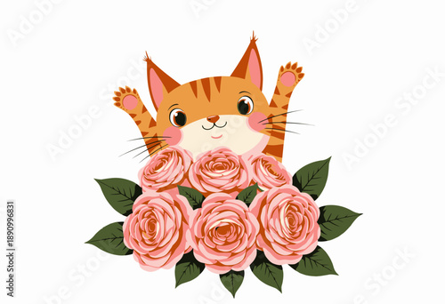 Playful orange tabby cat peeking cheerfully over a lush bouquet of vibrant pink roses with green leaves on a pristine white background