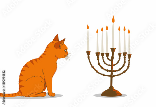 Illustration of a Curious Orange Cat Observing a Glowing Candelabrum on a Clean White Background with Seven Brightly Lit Candles