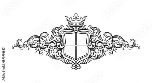 Ornate Shield Crest with Crown Illustration.