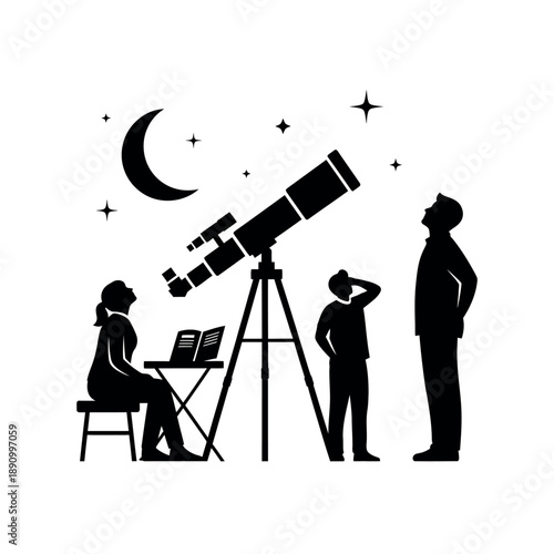 Family stargazing with telescope at night.