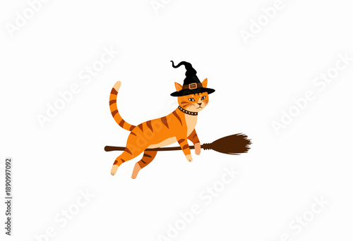 Illustration of a Charming Orange Tabby Cat Wearing a Witch Hat and Riding a Magical Broomstick in a Whimsical Halloween-Themed Scene