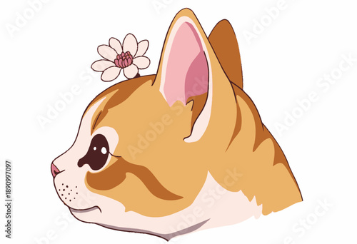 Illustration of a Cute Orange Cat with Flower Adornment in Profile Against a Neutral Background