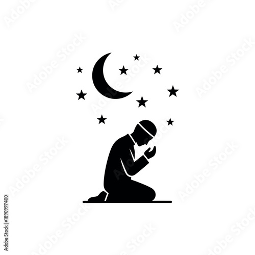 Muslim man praying under crescent moon and stars.