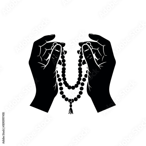 Praying hands holding rosary beads in a spiritual gesture.