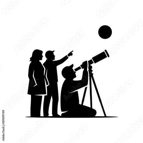 People observing celestial body through telescope.