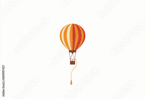 Vibrant hot air balloon with striped orange and red hues floating in a stark white expanse, capturing the essence of adventure and exploration in minimalist form