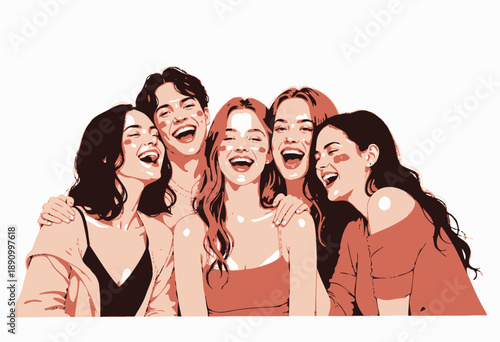 Joyful Group of Young Friends Laughing and Embracing, Radiating Happiness and Camaraderie with Painted Faces and Bright Smiles in a Vibrant Portrait