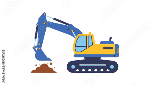 Yellow and blue excavator digging earth with pile of dirt beside it on white background