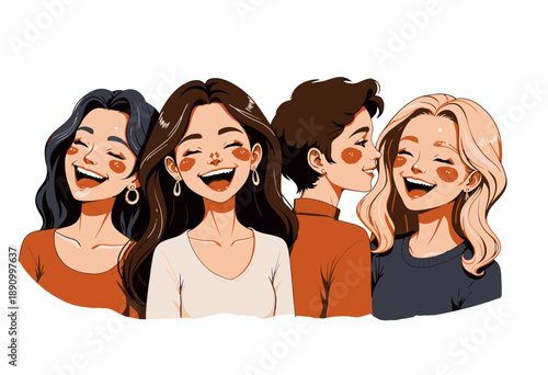 Joyful animated group of diverse young people sharing laughter and happiness with cheerful expressions and bright smiles under a sunny setting