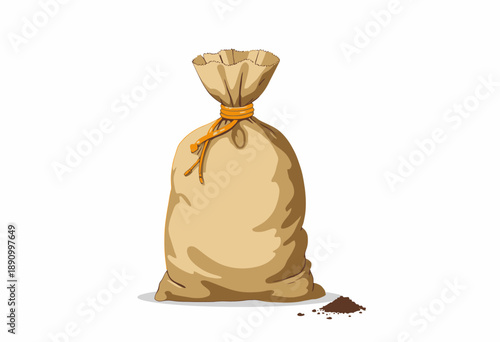 Illustration of a Burlap Sack with Tied Cord and Freshly Spilled Soil on Clean White Background Highlighting Natural Material Packaging