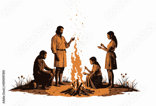 Four Individuals Engaged in Conversation and Activities Around a Campfire in an Outdoor Setting with Visible Grass and Evening Atmosphere