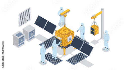Technicians assembling satellite with solar panels and equipment in a cleanroom environment with protective suits and machinery
