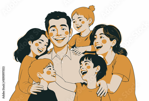 Illustration of a Joyful Family Gathering with Smiling Parents and Children in a Warm Embrace Depicting Happiness, Togetherness, and Love in a Cheerful Setting