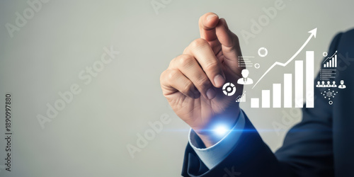 Business budget businessman finance concept with tax calculating financial growth chart economic rate graph plan planning market digital banking invest background futuristic hand gesture toward