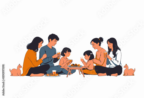 Illustration of a Family Gathering, Enjoying a Meal with Pets, Sitting on the Floor, Engaged in Conversation and Eating Together at Home