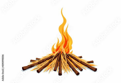 Illustration of a Campfire with Bright Flames Surrounded by Neatly Arranged Wooden Sticks on a Plain Background