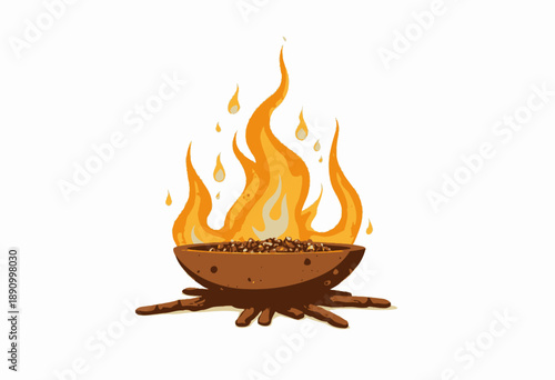 Artistic Illustration of a Campfire with Vibrant Flames in a Rustic Fire Pit on Wood Sticks