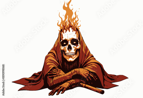 Fiery Skull Enshrouded in Flames with a Draped Red Cloak and Wooden Staff in a Mystical Illustration