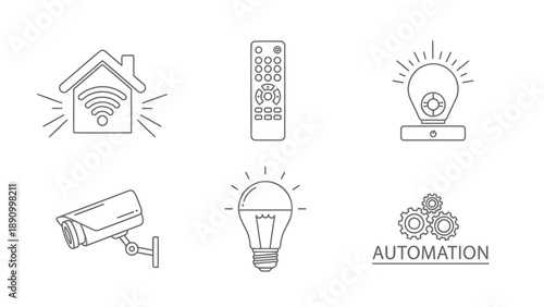 Smart home automation icons set including remote control light bulb security camera and wi fi house