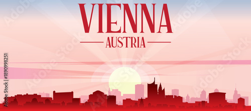 Red panoramic poster of the city skyline with misty background buildings, sunrise, moon and clouds of VIENNA, AUSTRIA