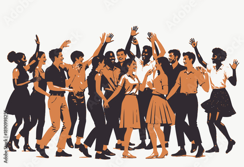 Joyful group of diverse individuals celebrating together, showcasing vibrant clothing and dynamic poses against a neutral background, exuding happiness and unity