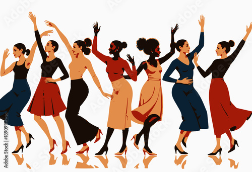 Dynamic Ensemble of Diverse Women Celebrating Cultural Unity Through Dance in Colorful Apparel on a Vibrant Stage with Graceful, Expressive Movements