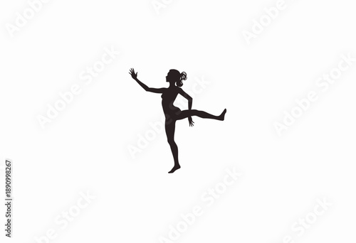 Silhouette of a graceful dancer captured in mid-air motion, elegantly poised against a plain white backdrop showcasing fluid movement and agility