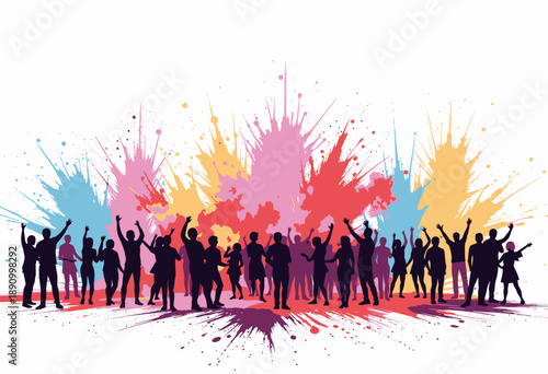 Vibrant Silhouettes Celebrating Against a Background of Colorful Paint Splashes, Evoking Joy, Energy, and Unity in a Dynamic and Expressive Gathering