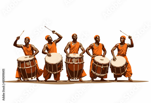 Energetic Drum Performance by Five Enthusiastic Drummers in Vibrant Orange Attire Creating Rhythmic Harmony with Large Traditional Instruments