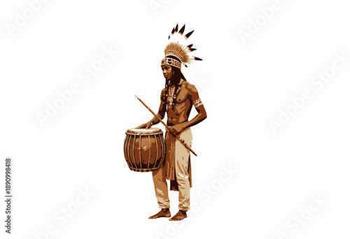 Traditional Indigenous Drummer Wearing Ceremonial Headdress Performing with Large Drum on Isolated White Background