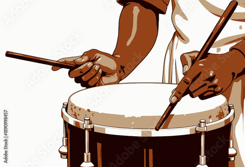 Detailed illustration showcasing hands expertly playing a traditional drum with precision and rhythm, capturing the essence of musical performance