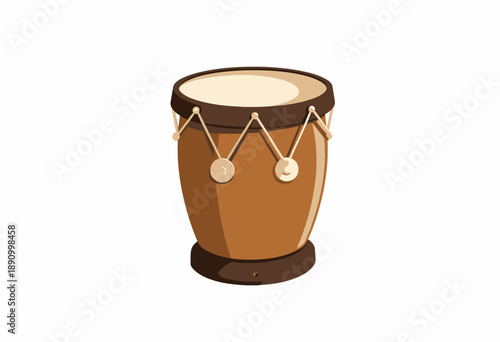 Illustration of a Traditional Brown Drum with Tension Ropes and Rounded Body on a White Background, Capturing the Essence of Percussion Instruments