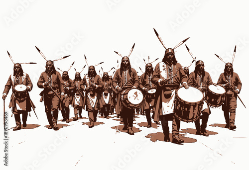 A Vibrant Procession of Indigenous Drummers in Traditional Attire Marching with Jubilant Beats and Energetic Movements in a Cultural Celebration