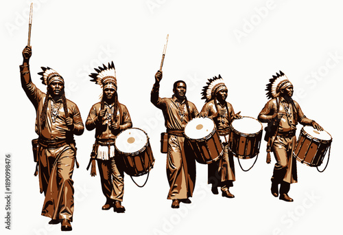 Group of Five Native American Drummers in Traditional Attire Performing Rhythmic Percussion Ritual with Enthusiasm and Cultural Significance