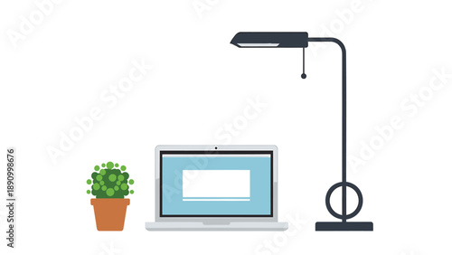 Laptop computer with blank screen next to potted plant and desk lamp on white background