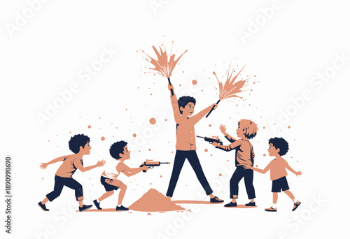 Joyful children playing with colorful water guns and confetti in a lively outdoor scene filled with laughter and energetic fun on a bright sunny day