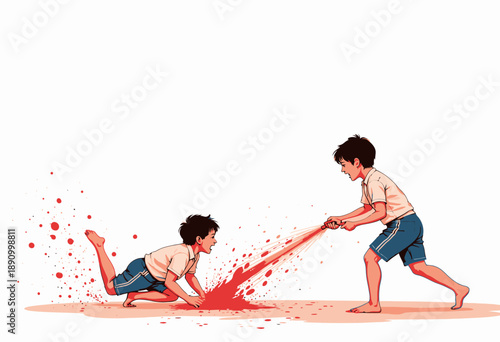 Illustrated scene of two children playfully engaging in a creative and imaginative summertime activity with water and color under a bright, sunny sky