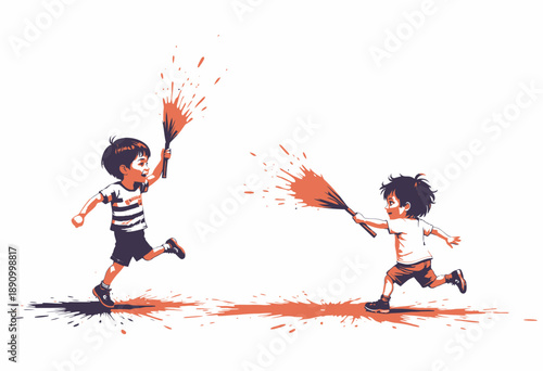 Joyful Children Engaged in Vibrant Paint Splash Battle on a Bright, Sunny Day Capturing Innocent Fun and Creative Expression