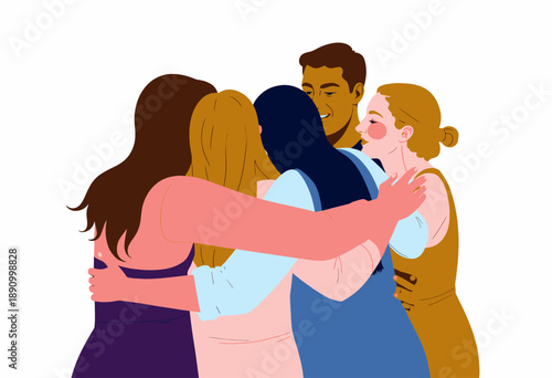 Diverse Group Embracing in a Warm, Supportive Circle Illustrating Unity, Friendship, and Togetherness in a Communal Setting with a Sense of Harmony