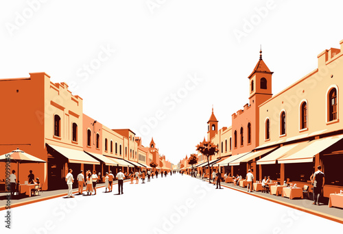 Vibrant Urban Street with Historical Architecture and Lively Outdoor Cafes on a Sunny Day