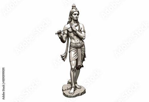 Intricately Detailed Statue of Deity Playing Flute with Graceful Pose and Traditional Attire Conveying Spiritual Serenity