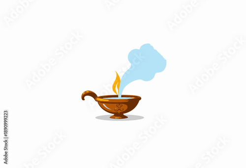 Enigmatic Ancient Oil Lamp Illustration with Mystical Blue Smoke and Golden Flame Emerging on Minimalist Background