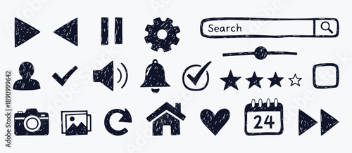 Hand drawn user interface icon set with black doodle buttons and navigation symbols for web design