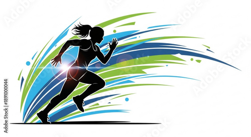 Silhouette of a woman running with dynamic blue and green streaks conveying speed and energy for fitness and sports concepts