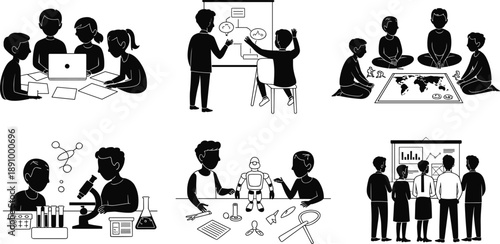 Black and white vector illustration set featuring students in STEM activities including robotics science lab experiments group study and classroom presentations for education design