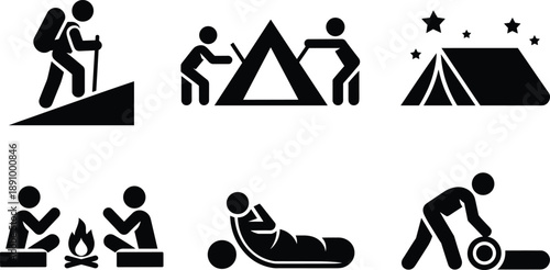 Black and white vector icon set featuring camping activities including hiking setting up tents sitting by campfires and sleeping under stars for outdoor adventure design