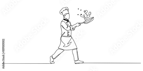 Continuous one line of a chef flipping a pan, symbolizing culinary skills, drawn vector illustration.