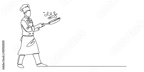 Continuous one line of a chef flipping a pan, symbolizing culinary skills, drawn vector illustration.